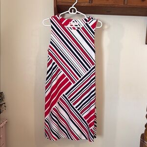 Jude Connally Red and White Sheath Midi Dress with Pockets
